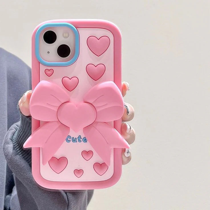 Pink heart bow cute case with pop holder