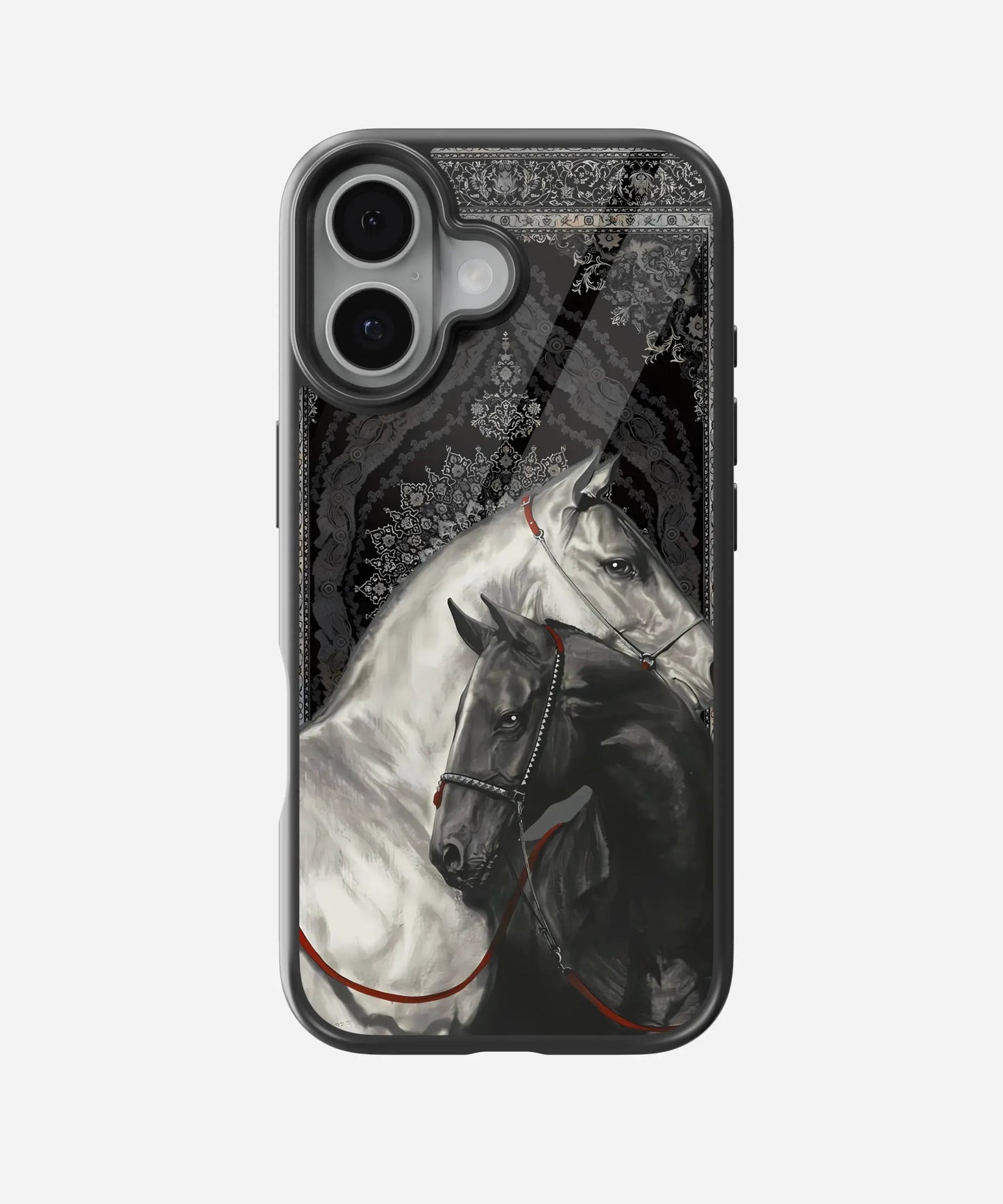 Black and white persian horses