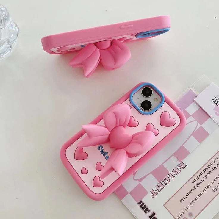 Pink heart bow cute case with pop holder