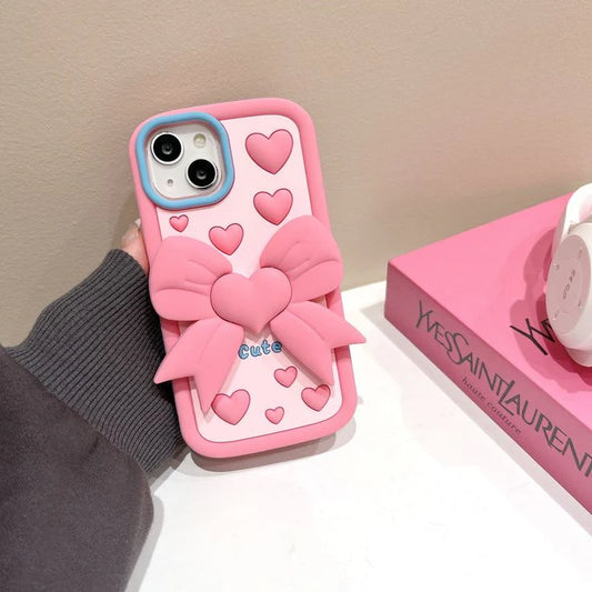 Pink heart bow cute case with pop holder