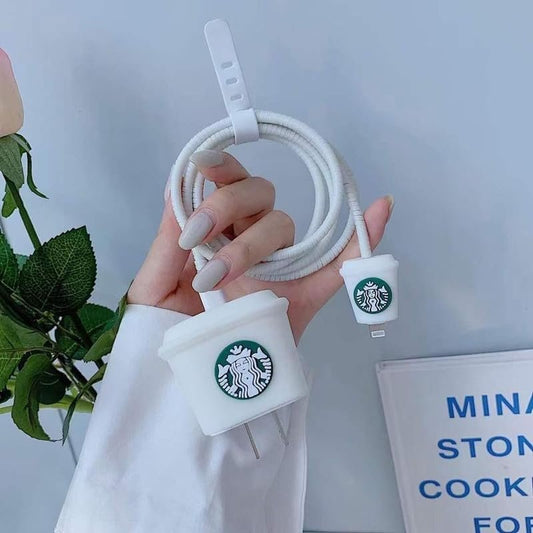 white starbucks  iphone cable charger protector