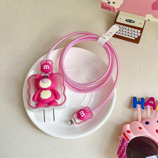 cute pink bear iphone cable charger protector